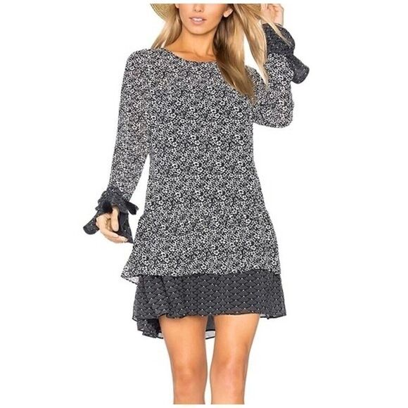 Tularosa Berkley Navy floral Long Sleeve Mini Dress w Flounce Hem, Boho | M EUC - Picture 1 of 8